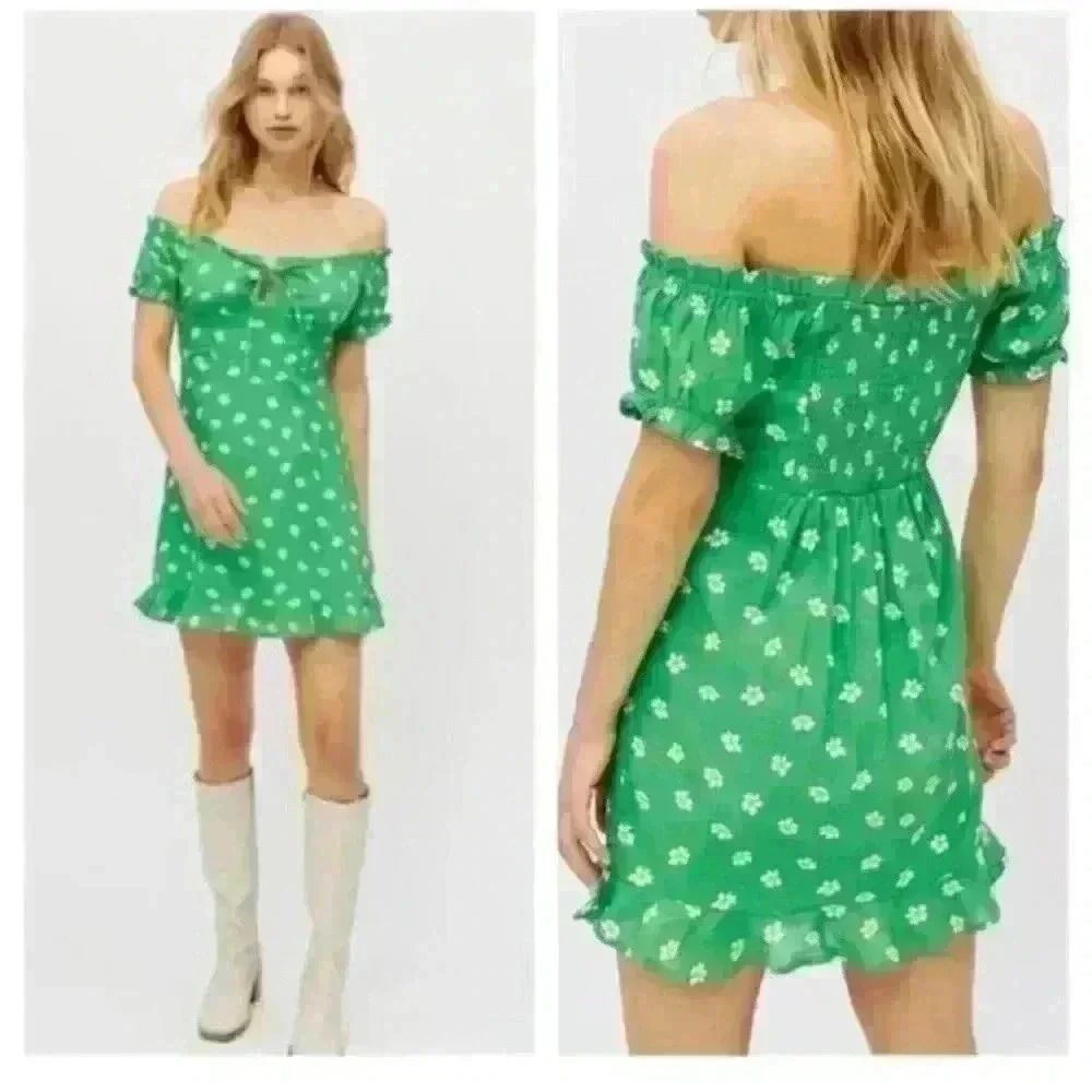 Urban‎ Outfitters Dress Magpie Green Daisy Off Shoulder sz small